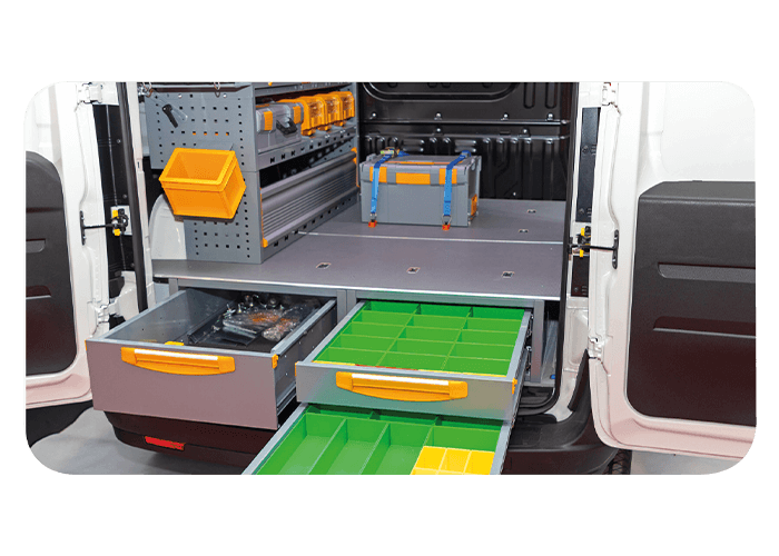 Van interior kitted with racking, drawers and specialist storage